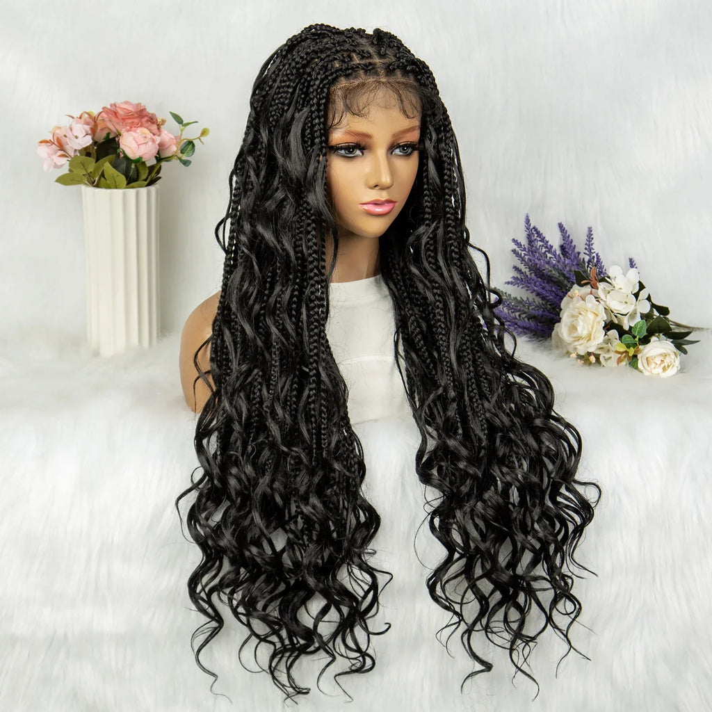 34" Full Lace Knotless Braided Wig with Baby Hair | Synthetic Lace Front Wig for Black Women | Long Braids