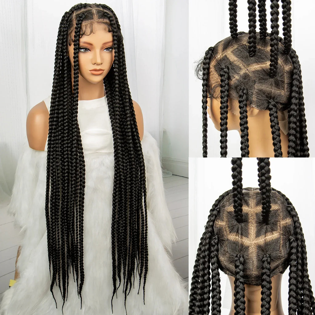 34" Knotless Box Braids Full Lace Wig | Long Black Synthetic Braids | Transparent Lace