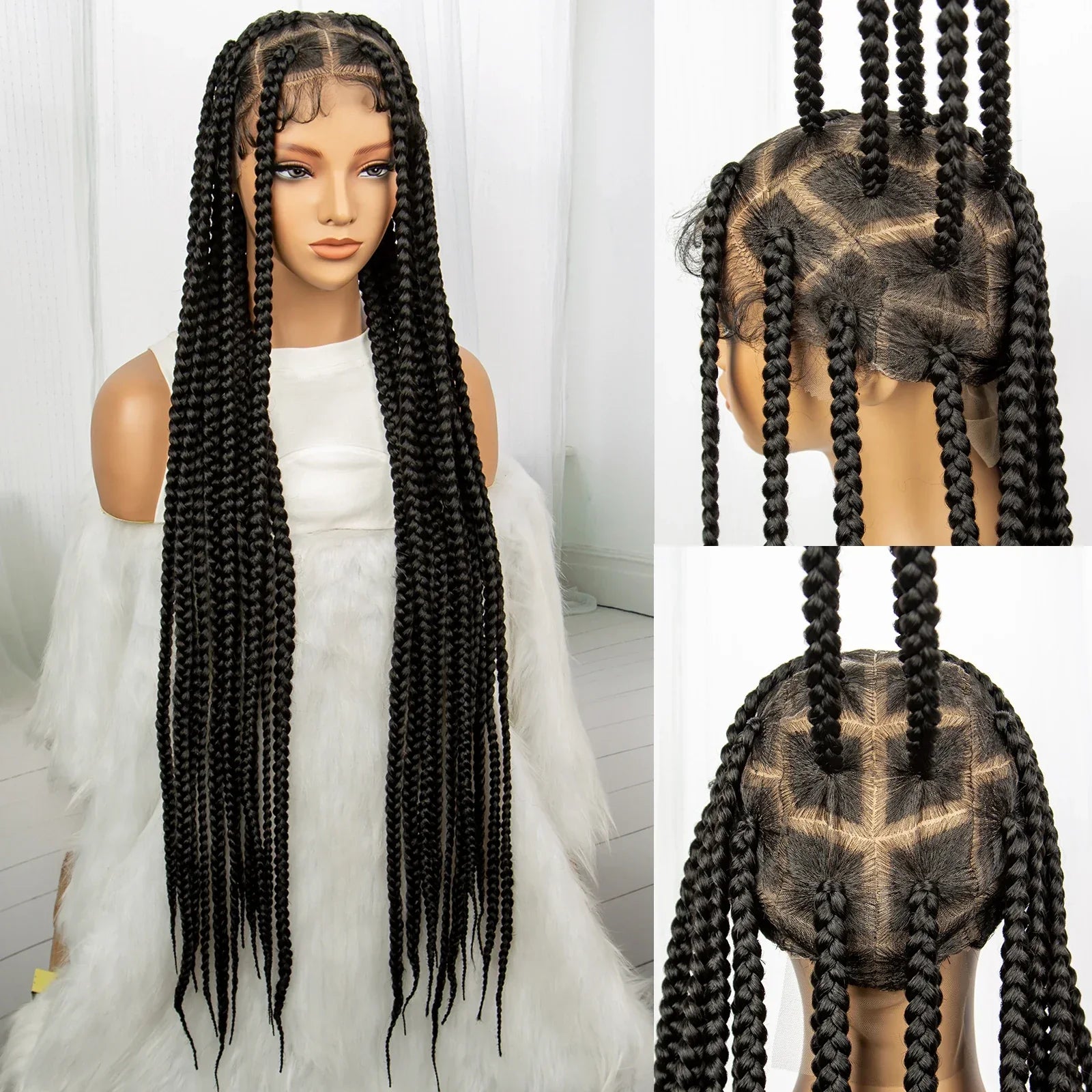 34" Knotless Box Braids Full Lace Wig | Long Black Synthetic Braids | Transparent Lace