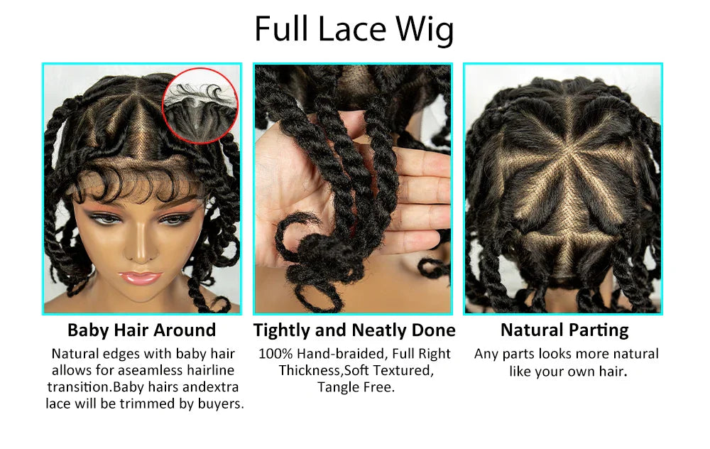 12" Short Box Braided Full Lace Wig | Crochet Braids | Baby Hair | Synthetic Braiding Wig