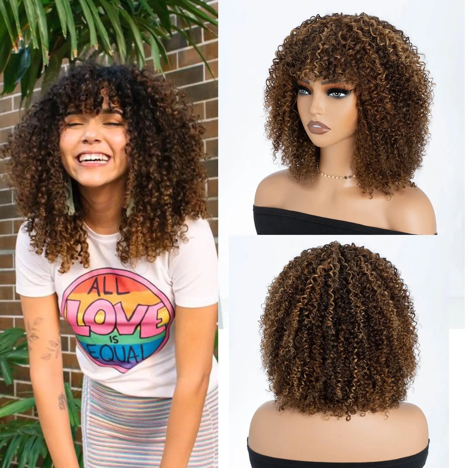 250% Density Blonde Highlight Sassy Curly Wig with Bangs | Glueless Brazilian Afro Kinky Remy Human Hair