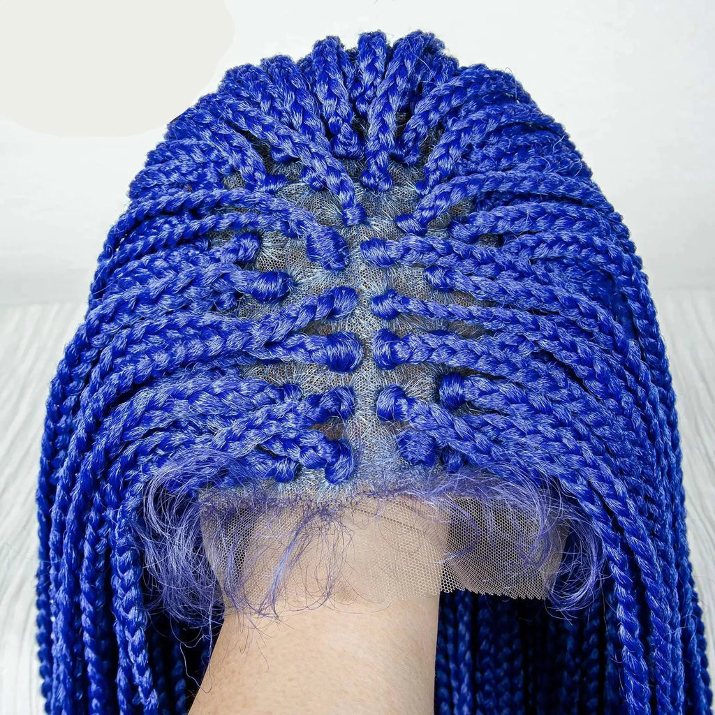 36" Blue Knotless Box Braids Lace Front Wig | Baby Hair | Crochet Braids | Black Women