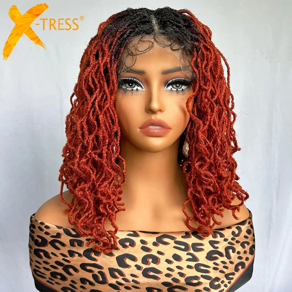 14" Copper Red Faux Locs Lace Front Wig | Short Twist Dreadlocks | Synthetic Braided Wig