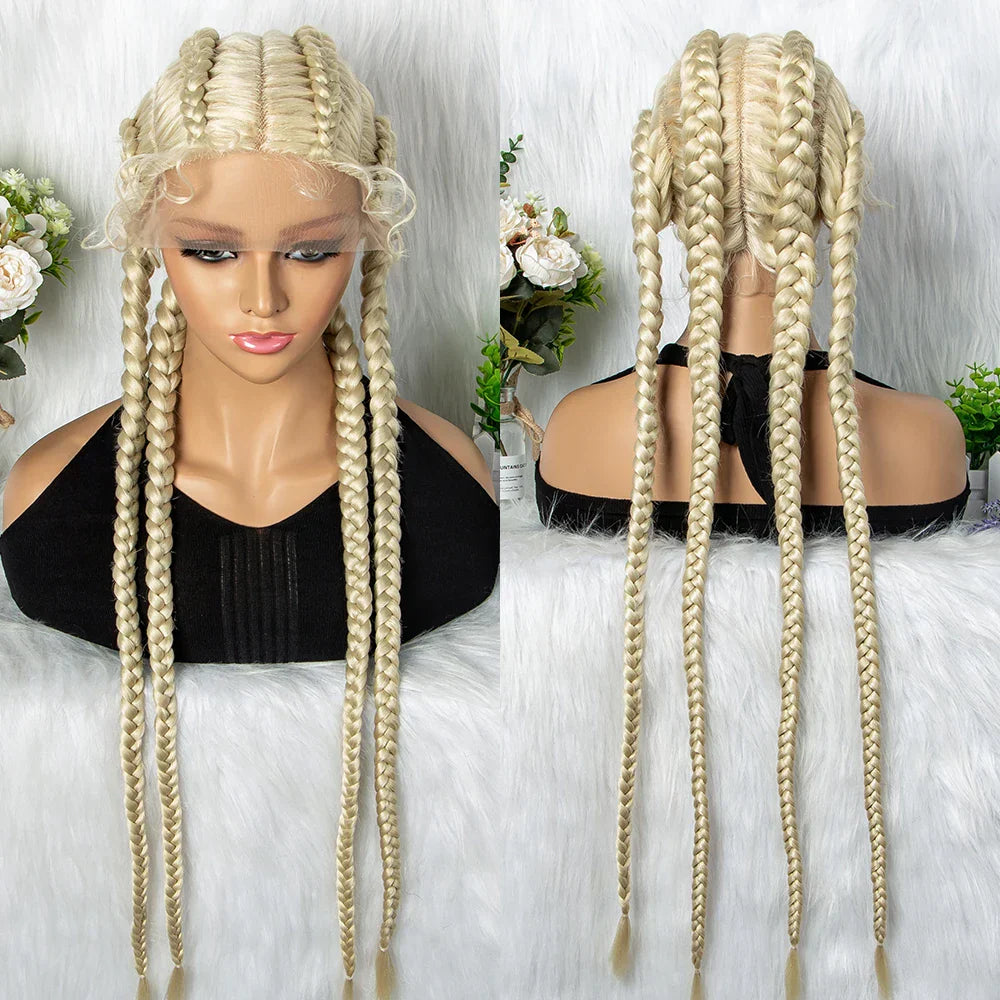 36" 27/613 Blonde Cornrow Braided Wig | Lace Frontal Box Braids | Synthetic Wig with Baby Hair for Black Women