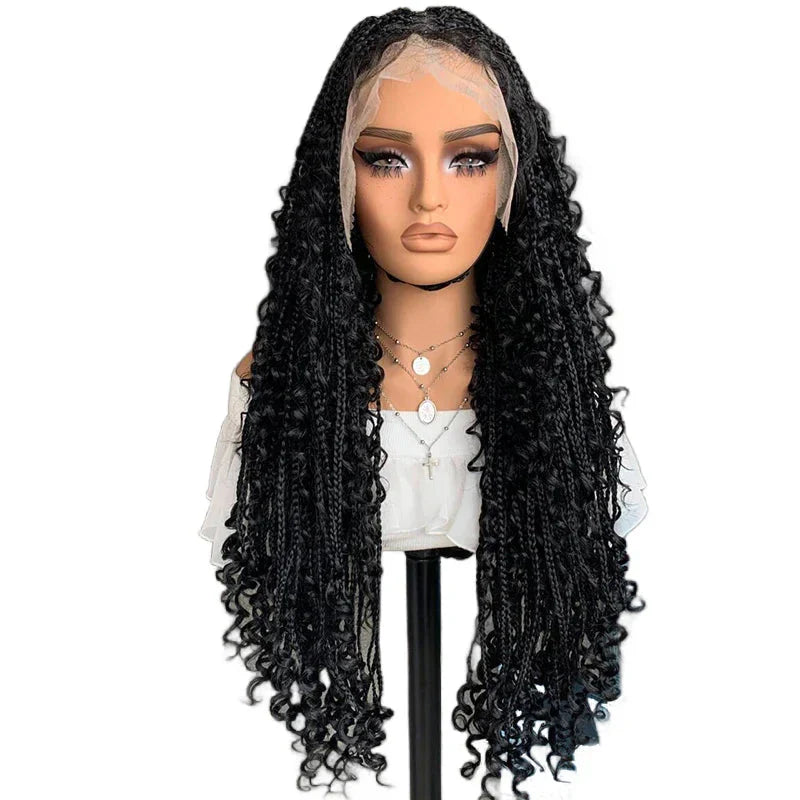22" Curly End Box Braided Full Lace Front Wig | Goddess Locs | Bohemian Braids | Synthetic Wig