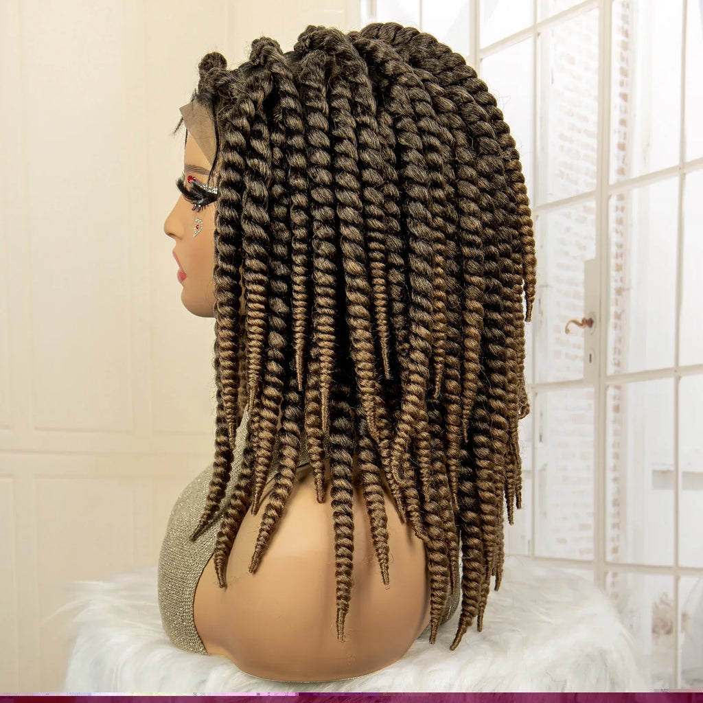 16 Inch Brown Twisted Braided Bob Wig | Full Lace | Kanekalon Fiber | For Black Women