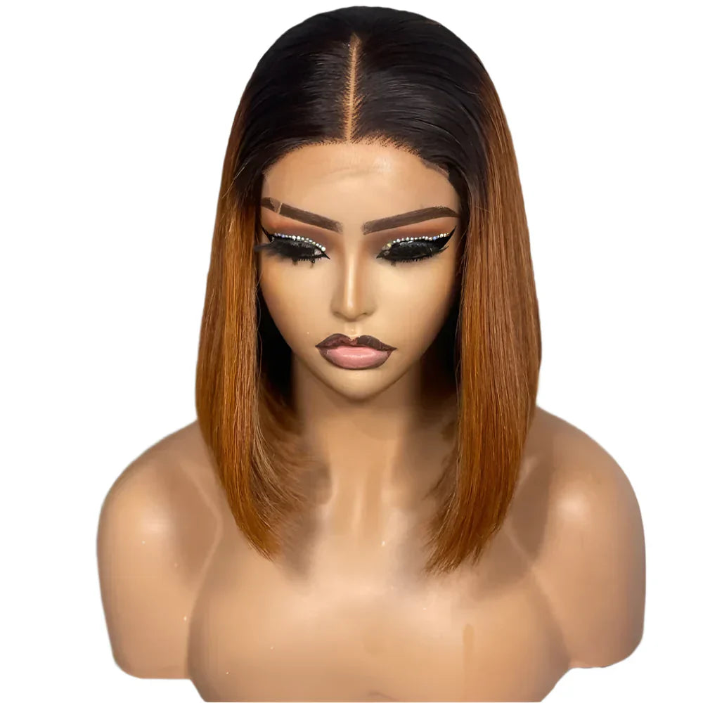 250% Density Ombre 1B/Orange Bone Straight Bob Wig | 13x4 Transparent Lace Front Human Hair (Glueless, Ready-to-Wear)