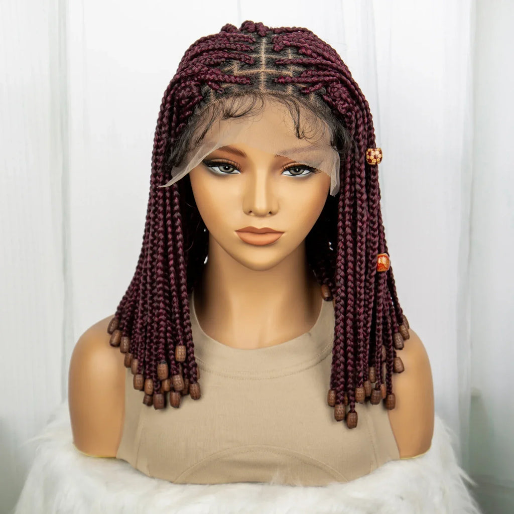 14" Short Bob Box Braided Wig with Beads | Knotless Braids | Synthetic Lace Front Wig | Baby Hair