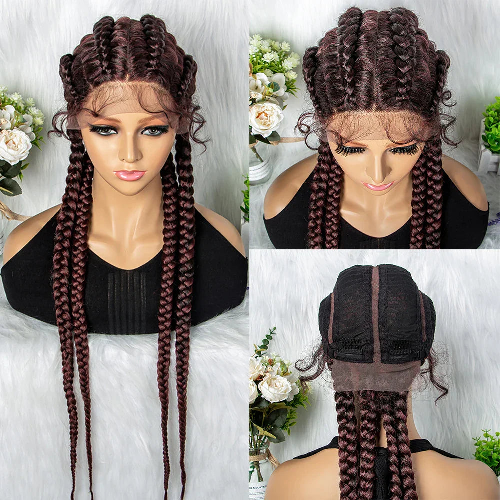 32" Full Lace Four Braid Box Braids Wig | Kanekalon Synthetic Braided Wig for Black Women