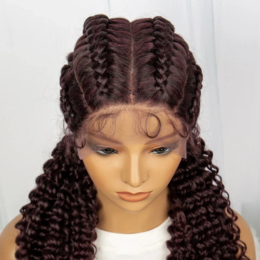 22" Box Braids Full Lace Wig | Two Curly Ponytails | Baby Hair | Synthetic Braided Wig