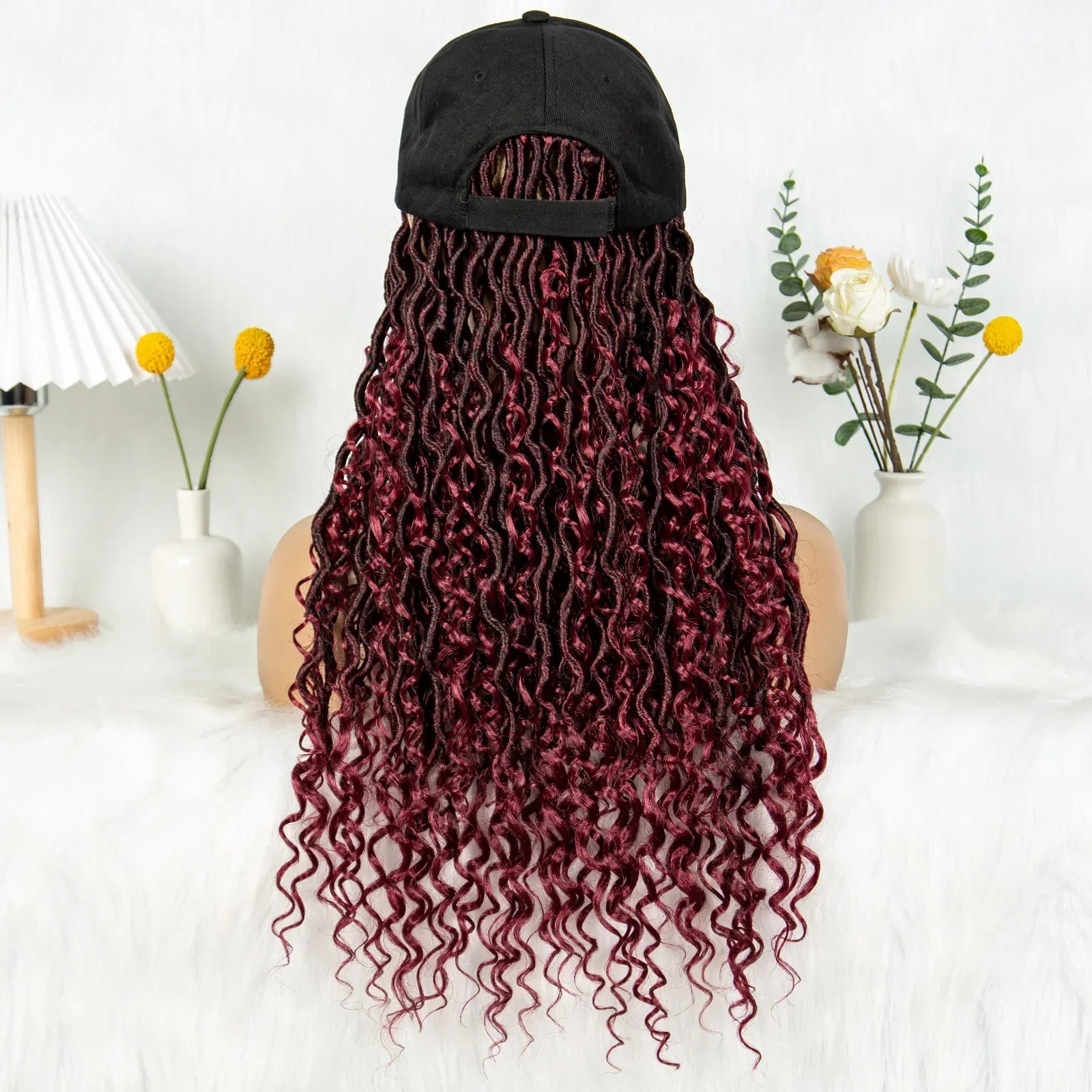 20" Burgundy Boho Locs Baseball Cap Wig | Adjustable Hat Wig | Synthetic Braids | Black Women