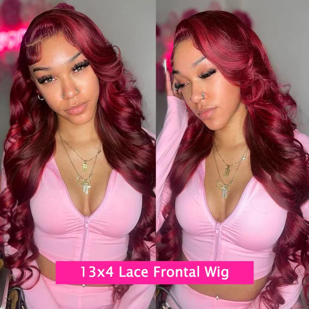 99J Burgundy Body Wave Lace Front Wig | HD Transparent Lace | 200% Density | 30-34 Inch Brazilian Hair