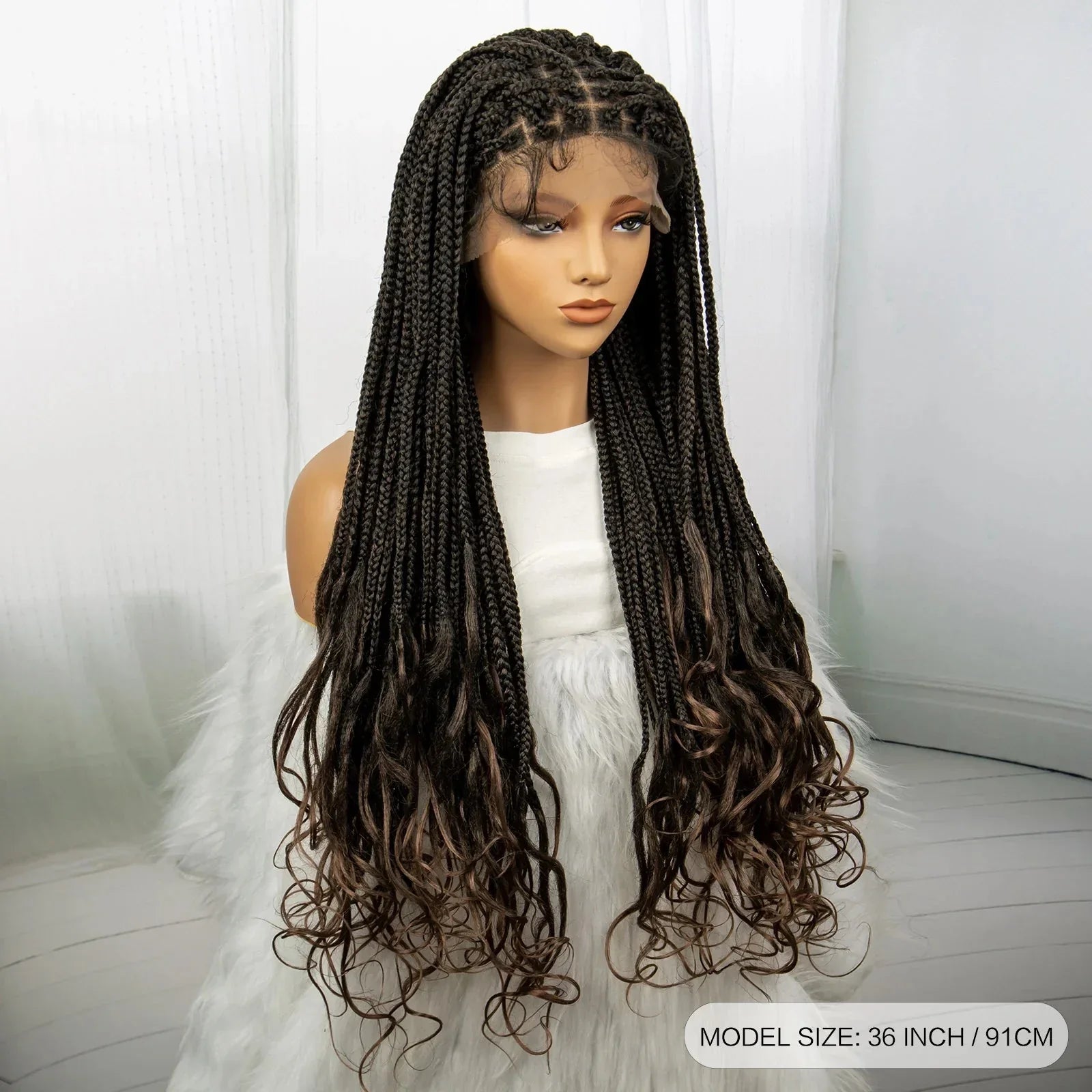 36 Inch Synthetic Braided Wigs Knotless Boho Braided Lace Wigs with Curly Ends Lace Front Braiding Hair Wig for Black Women