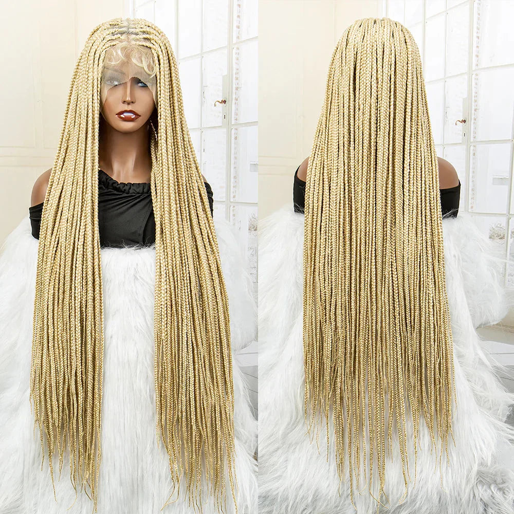 36" 613 Full Lace Knotless Box Braided Wig | Transparent HD Lace | Baby Hair | Synthetic Wig for Black Women
