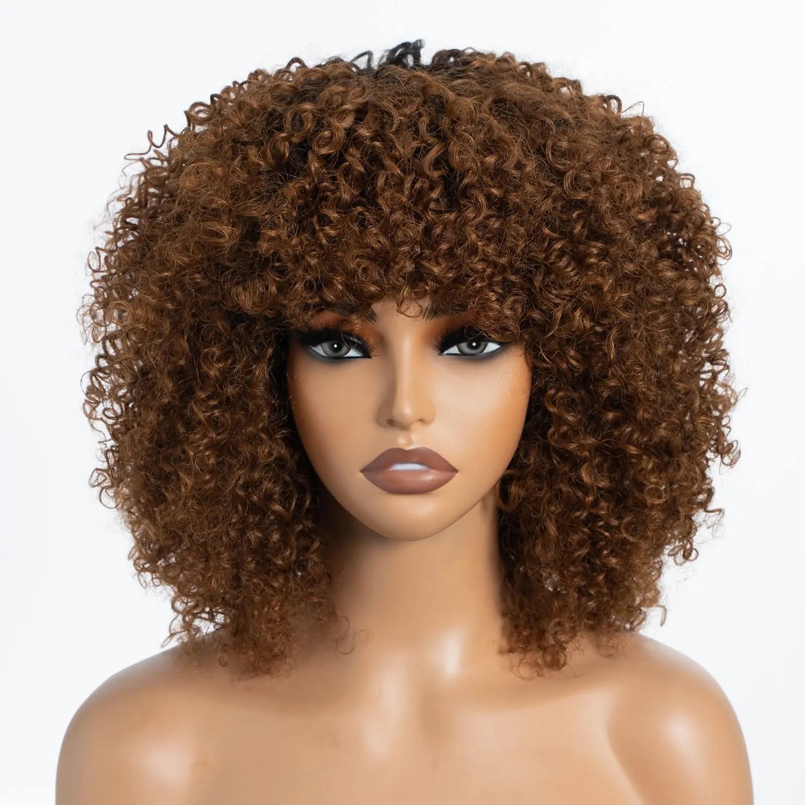 250% Density Blonde Highlight Sassy Curly Wig with Bangs | Glueless Brazilian Afro Kinky Remy Human Hair