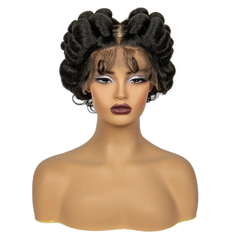 1B/30 Ombre Full Lace Handmade Bantu Braided Wig | Short Synthetic Knotless Braids with Transparent Lace