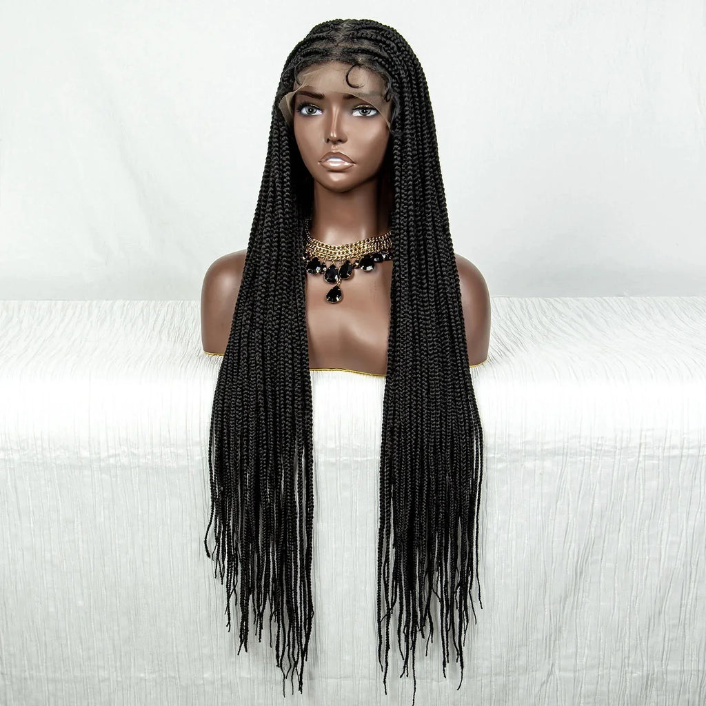 36" Full Lace Box Braided Cornrow Wig | Long Straight Braids | Baby Hair | Synthetic Afro Braiding Wig