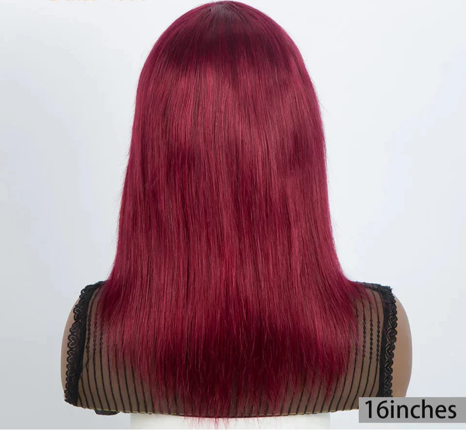 99J Wine Red Straight Bob Wig with Bangs | Full Machine Made Brazilian Remy Human Hair