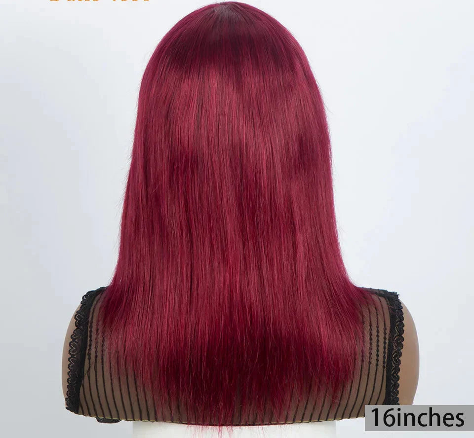 99J Burgundy Short Straight Bob Wig with Bangs | Full Machine Made Human Hair