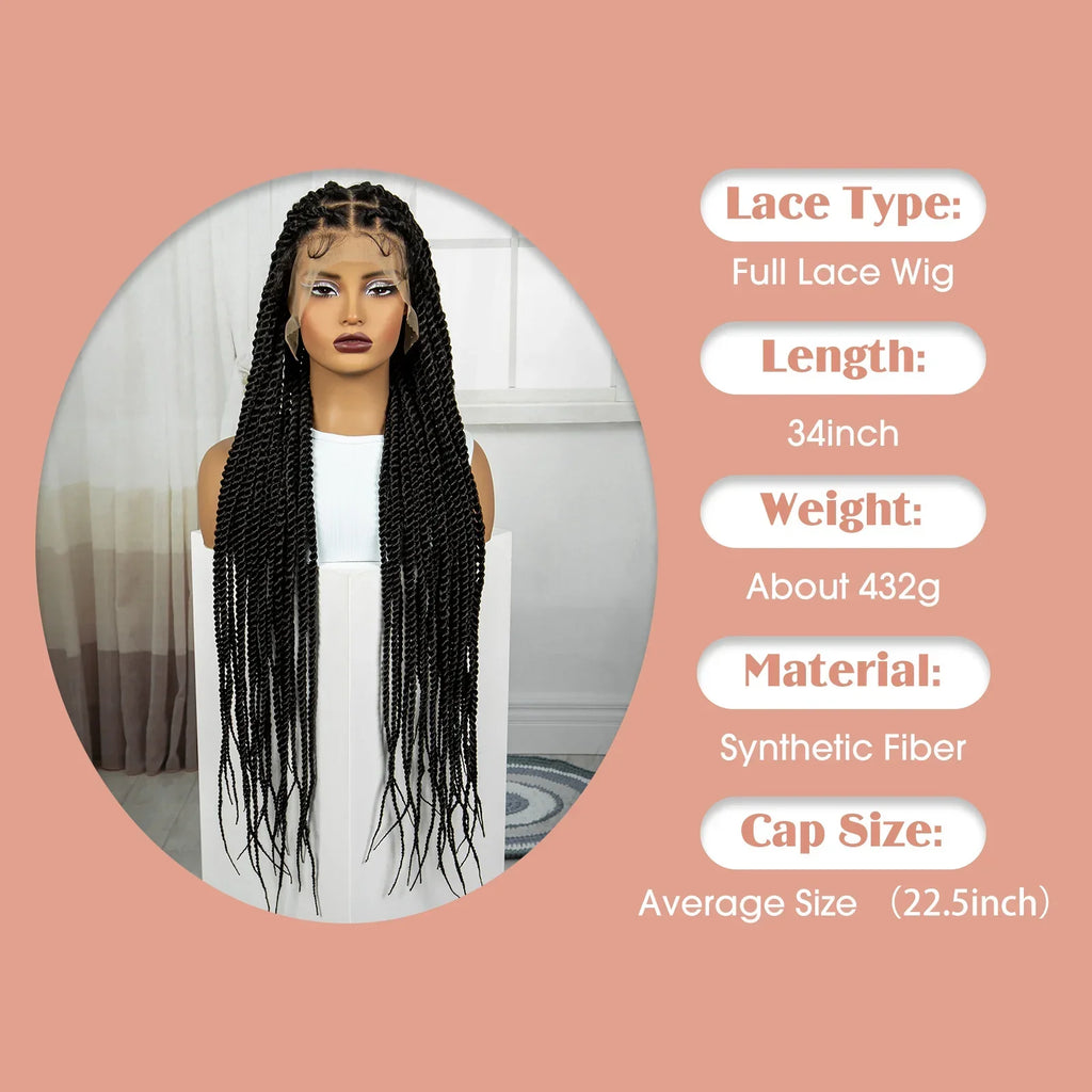 34" Knotless Box Twist 360° HD Full Lace Wig | Baby Hair | Twisted Braids | Black Women