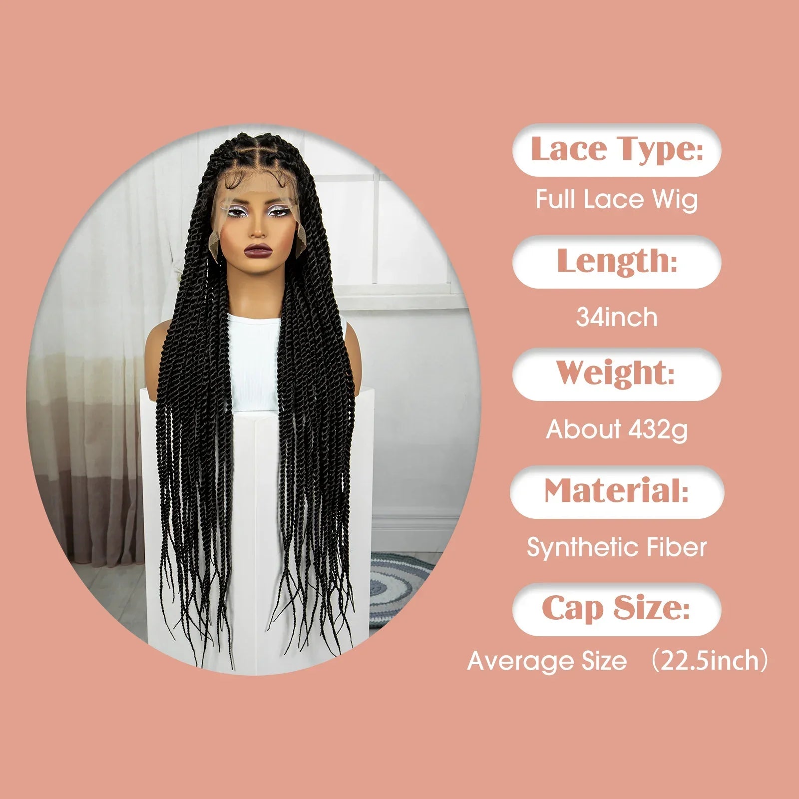 34" Knotless Box Twist 360° HD Full Lace Wig | Baby Hair | Twisted Braids | Black Women
