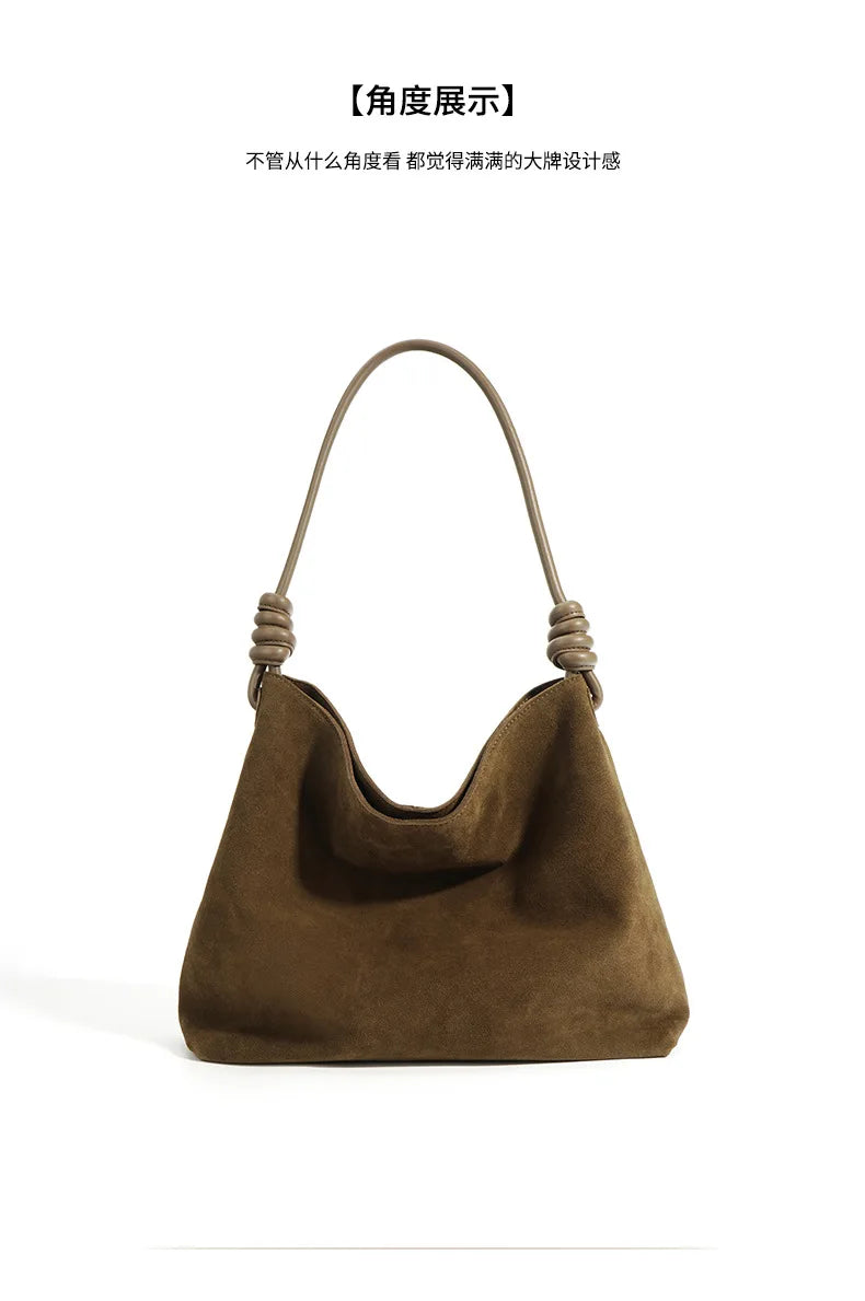 All-Match Chamois Matte Suede Cowhide Leather Tote | Large Capacity Designer Maillard Dressing Coffee Winter Ladies Handbag