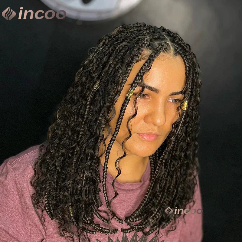 12" Boho Bob Braided Wig | Goddess Knotless Braids | 360 Full Lace | Curly Ends | Baby Hair