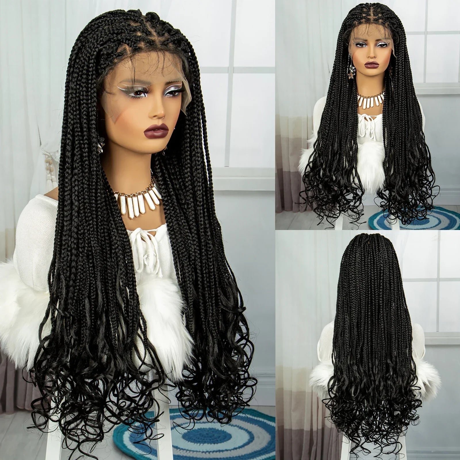 36" Knotless Box Braids Wig with Wavy Ends | Blended Braids | Lace Front