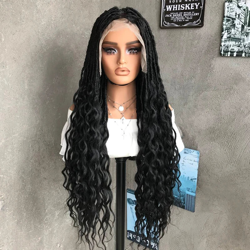 22" Curly End Box Braided Full Lace Front Wig | Goddess Locs | Bohemian Braids | Synthetic Wig