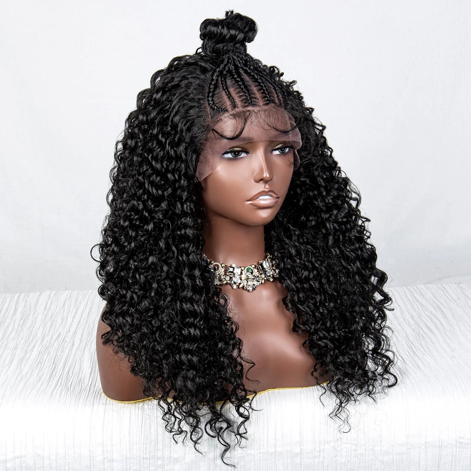 24" Kinky Curly Braids Wig with Buns | 13x4 Transparent Lace Front | Baby Hair