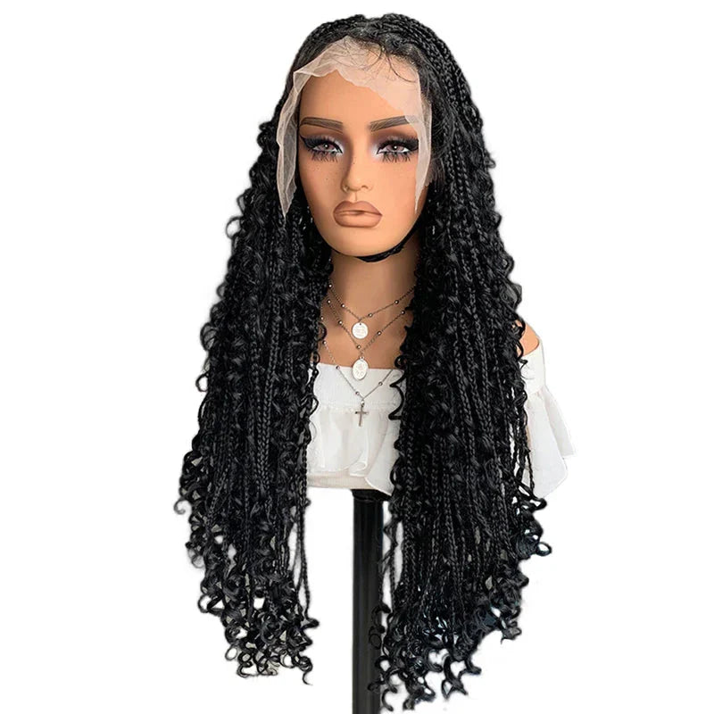 22" Curly End Box Braided Full Lace Front Wig | Goddess Locs | Bohemian Braids | Synthetic Wig