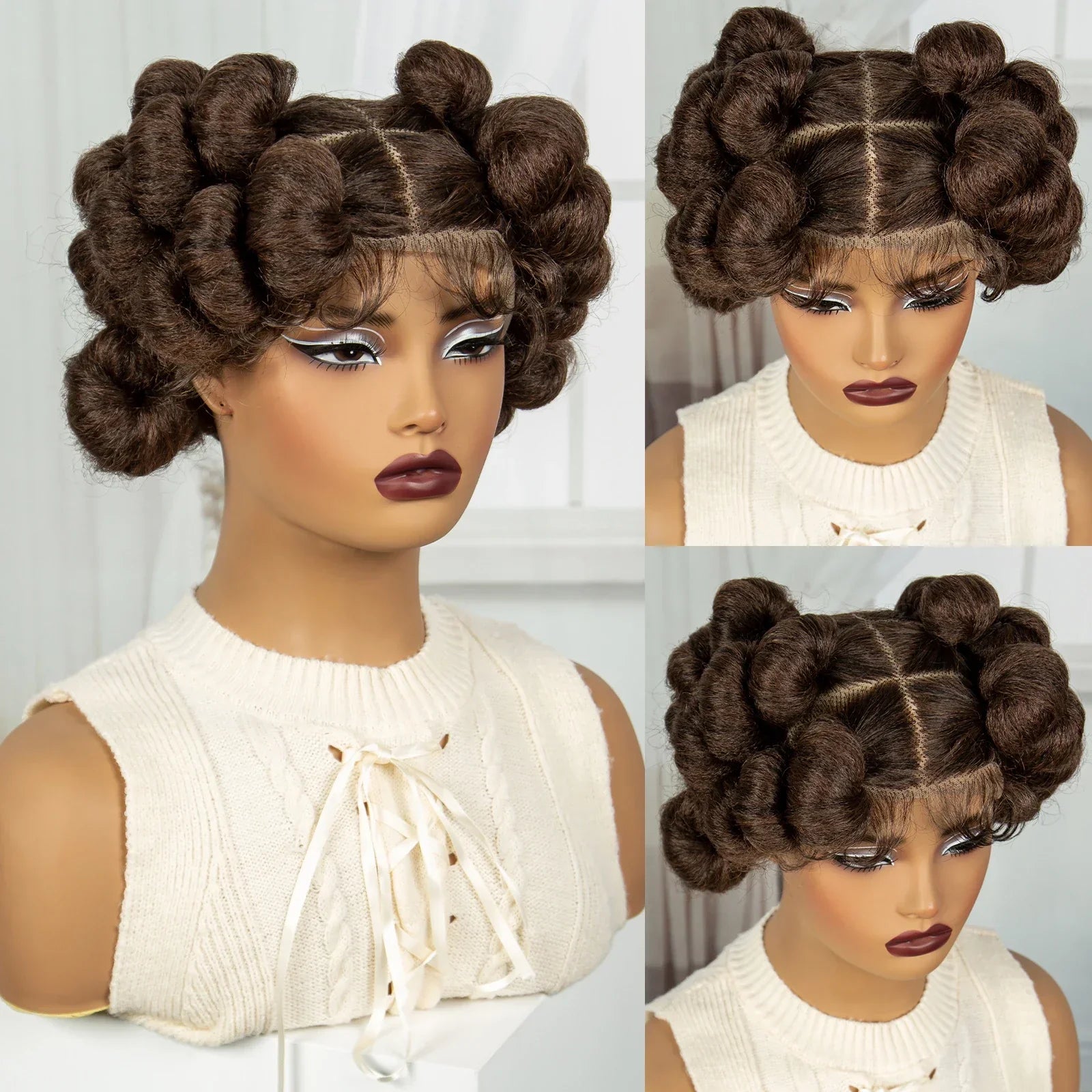 6" Short Cute Burgundy Bantu Knotless Braids Wig | Transparent Full Lace