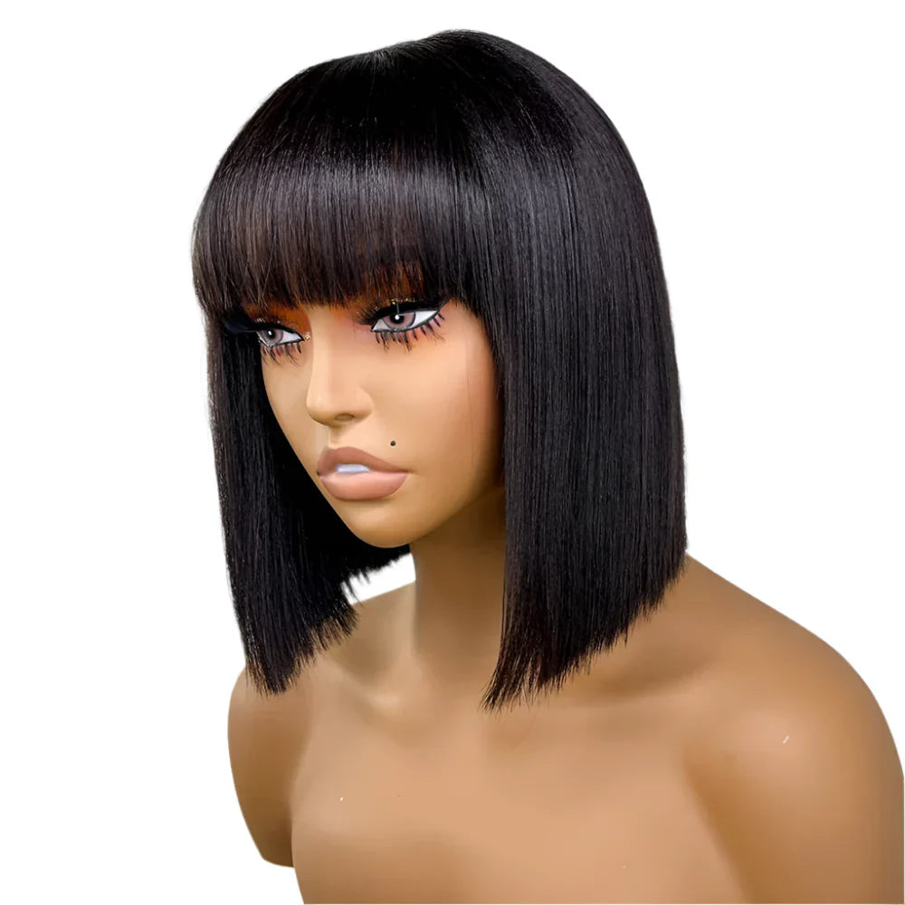 180% Density Straight Bob Wig with Bangs | Full Machine Made | Brazilian Virgin Hair | Natural Black