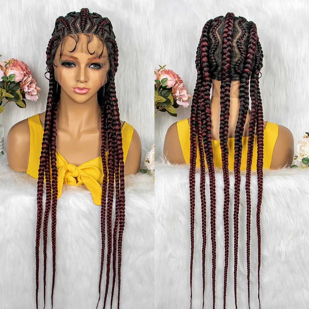 36" KIMA Cornrow Knotless Box Braided Full Lace Wig | Synthetic Braids for Black Women | Light Brown Lace