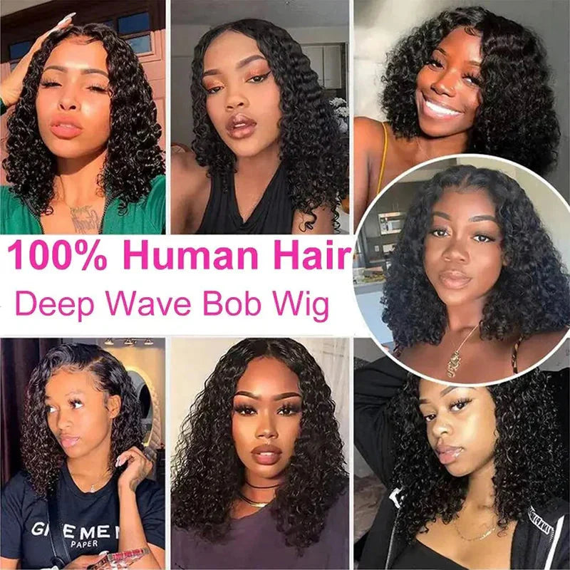 12" Deep Wave Bob Wig | 4x4 Lace Closure Wig | Glueless Virgin Brazilian Human Hair