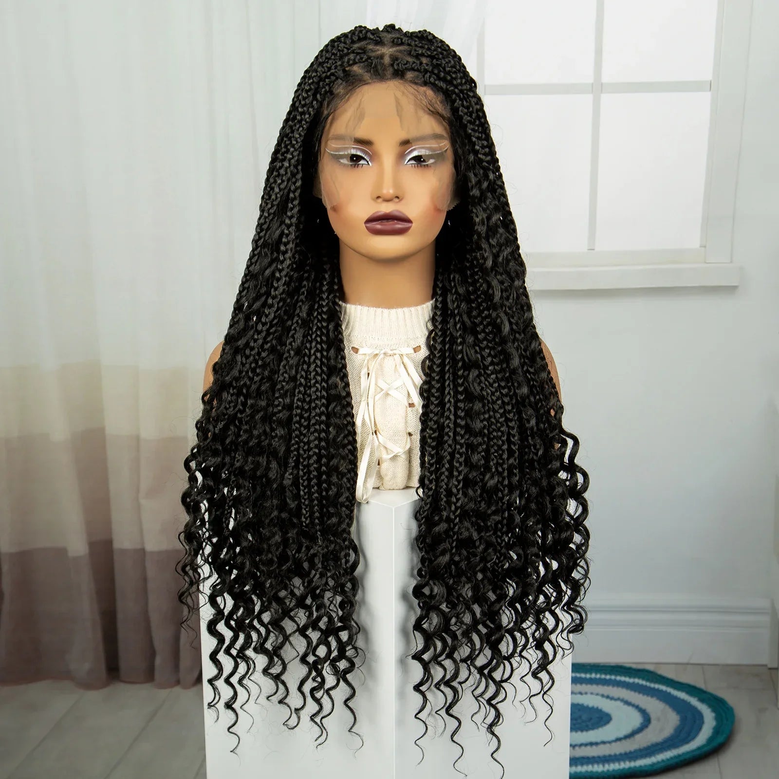 32" Boho Knotless Braids Wig | Natural Curly Ends | Full Lace | Baby Hair