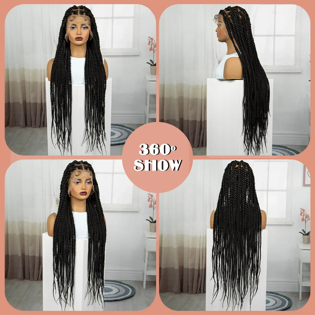 34" Knotless Box Twist 360° HD Full Lace Wig | Baby Hair | Twisted Braids | Black Women