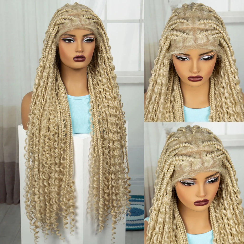 36 Inch Boho Knotless Box Braids Full Lace Wig | Transparent Lace Synthetic Braided Wig with Curly Ends