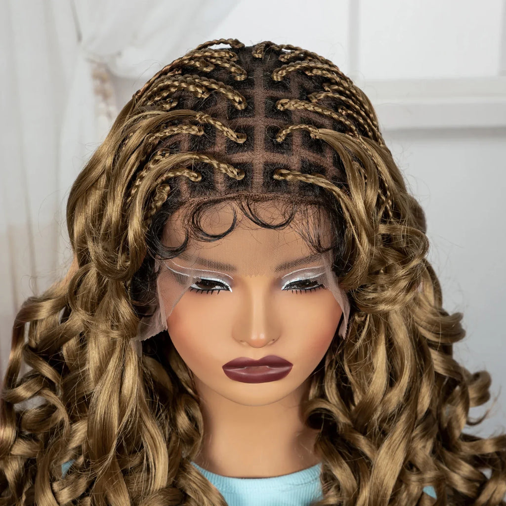 18" #27 Ombre Bouncy Wavy Braided Wig with Bangs | Knotless Box Braids | Full Lace Synthetic Wig with Baby Hair