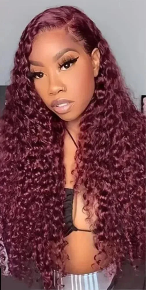30" Curly Burgundy & Chocolate Brown 13x6 HD Lace Frontal Wig | 99J Colored Human Hair Wig for Women | Deep Wave