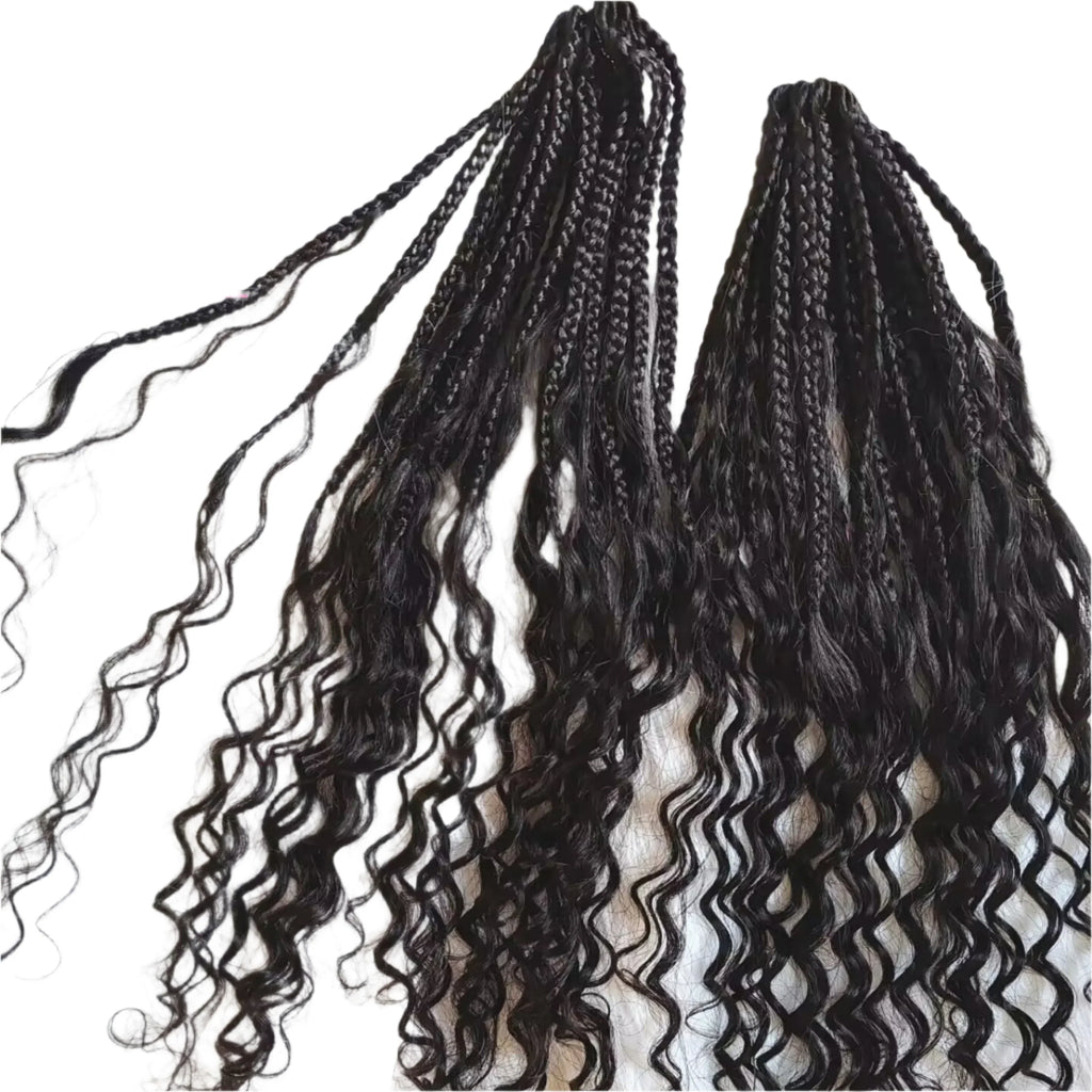 30" Crochet Boho Box Braids | Human Hair Curly Ends | Pre-Looped | Brazilian Remy Hair Extensions