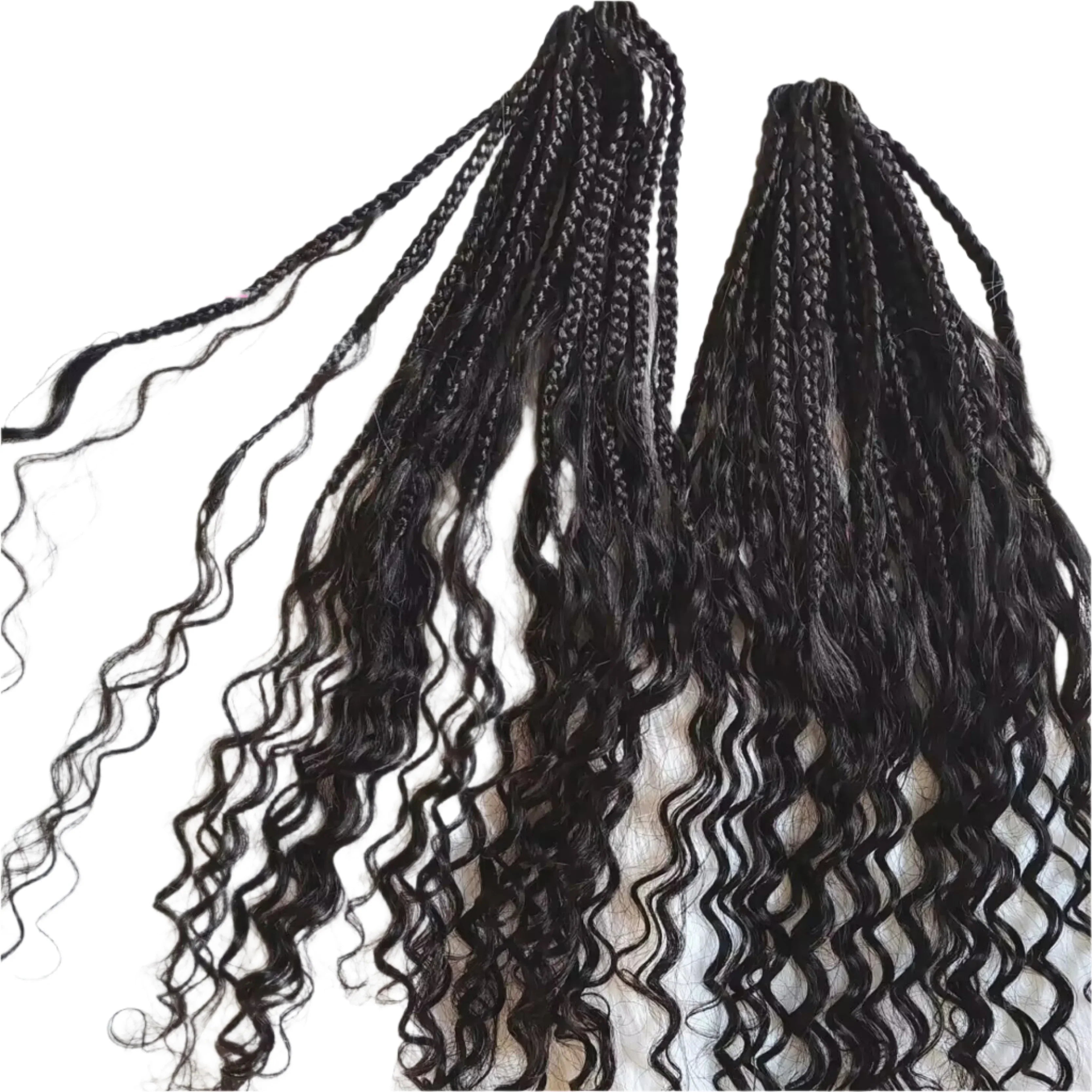 30" Crochet Boho Box Braids | Human Hair Curly Ends | Pre-Looped | Brazilian Remy Hair Extensions