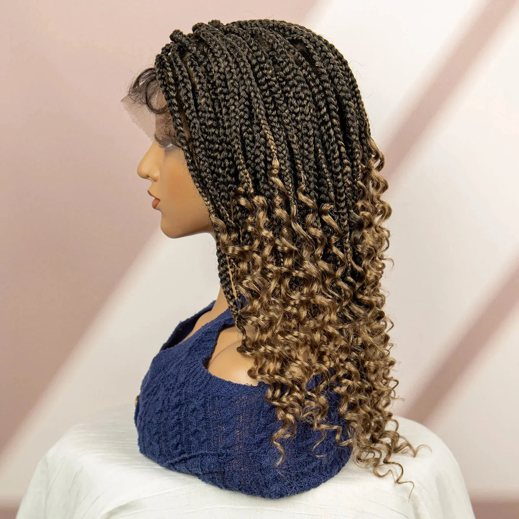 16" Short Brown Box Braided Full Lace Wig | Curly Ends | African Braids | Black Women