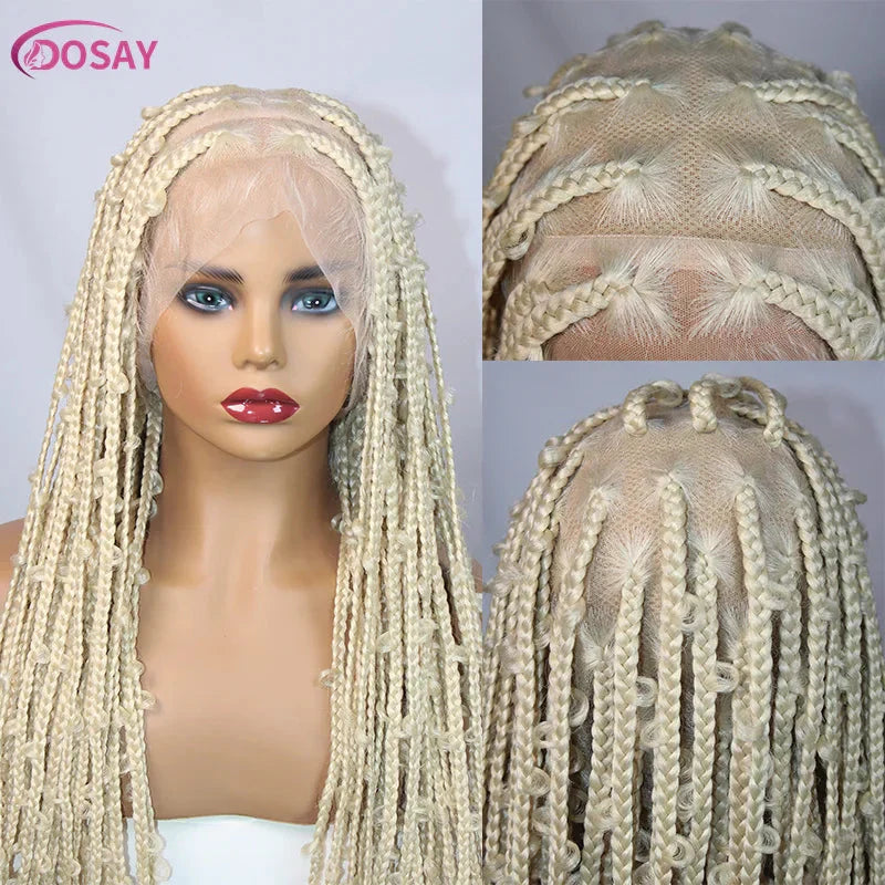 36" Butterfly Braided Full Lace Wig | Honey Blonde & Burgundy Goddess Locs | Synthetic Box Braids | Transparent Lace