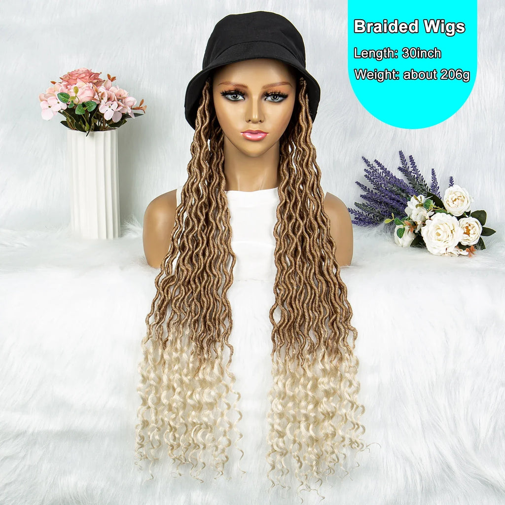 30" Crochet Afro Dreadlocks Bucket Hat Wig | Synthetic Braided Hair | Curly Ends | Black Women