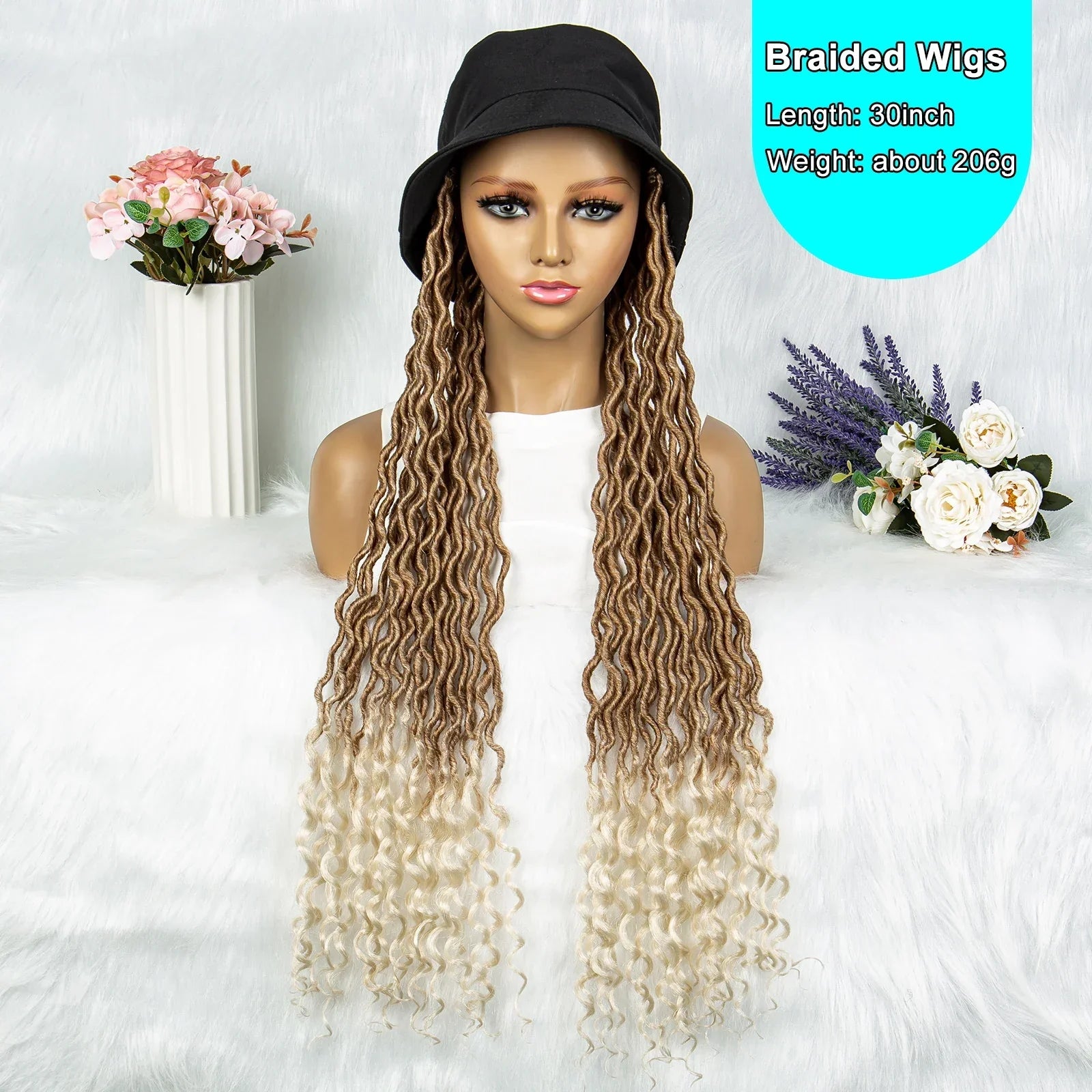 30" Crochet Afro Dreadlocks Bucket Hat Wig | Synthetic Braided Hair | Curly Ends | Black Women