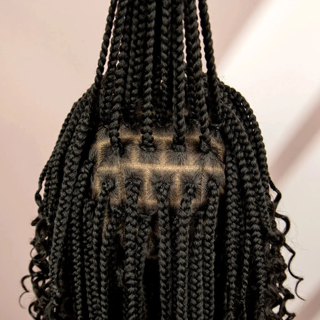 16" Short Brown Box Braided Full Lace Wig | Curly Ends | African Braids | Black Women
