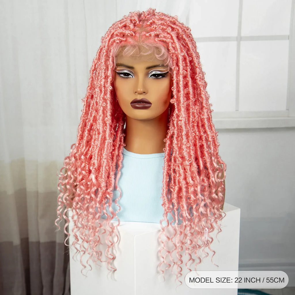 22" Pink Knotless Box Braids Wig with Curly Ends | Transparent Full Lace | Baby Hair