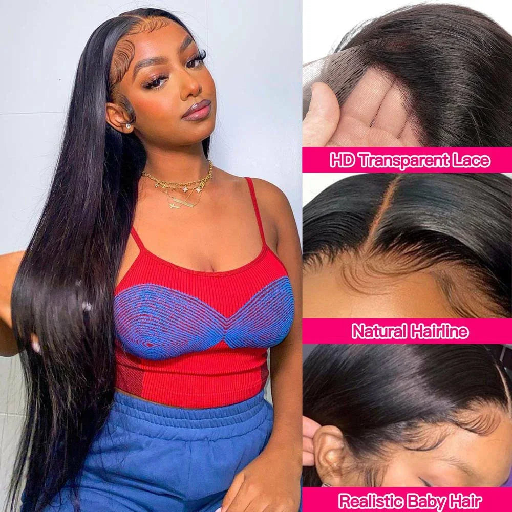 180% Density Straight Human Hair Wigs | HD 4x4 Lace Closure & 13x4/13x6 Lace Frontal Wig (Remy, 30-36 Inch Transparent Lace)