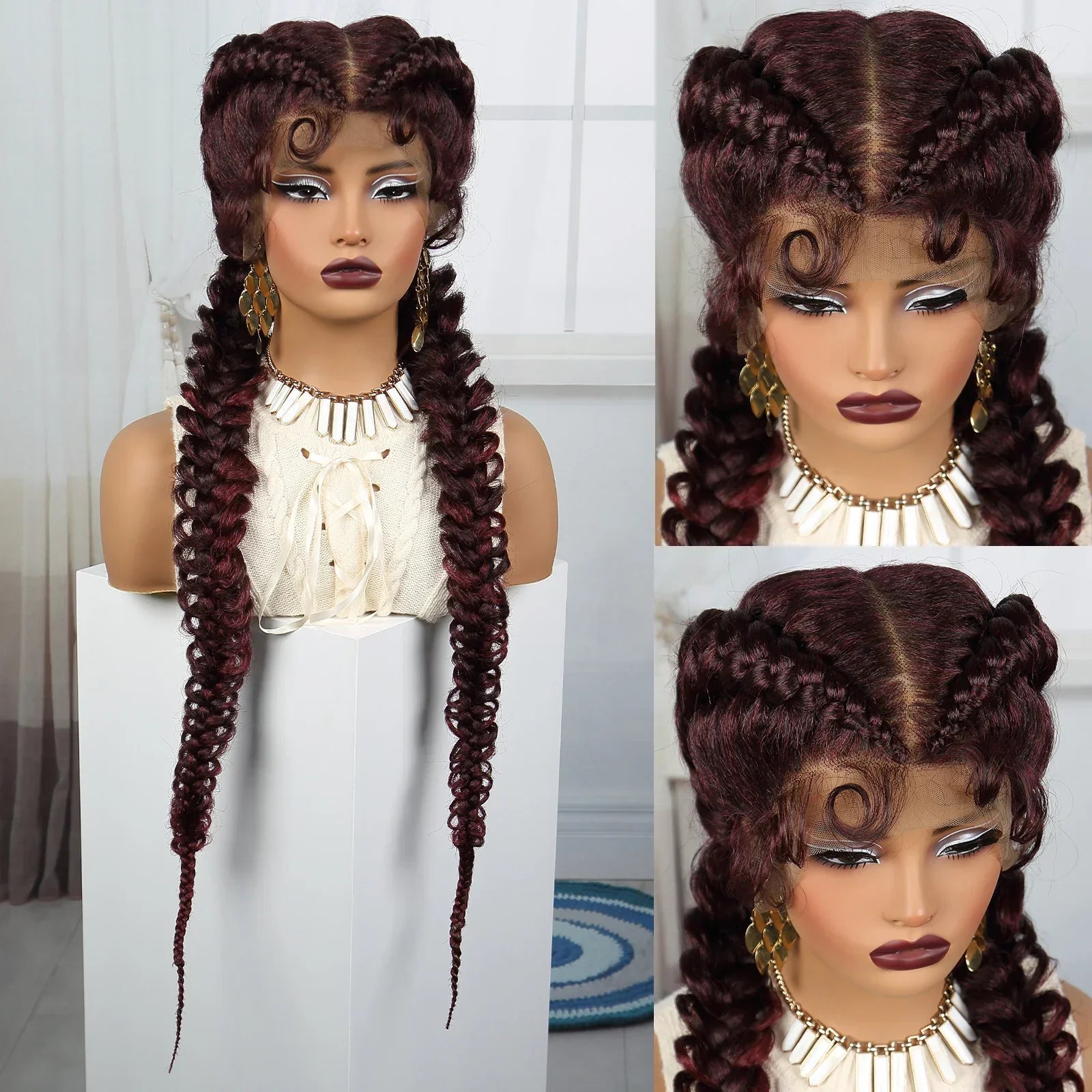 36" Burgundy Twist Cornrow Braids Wig | 99J | Lace Frontal | Baby Hair